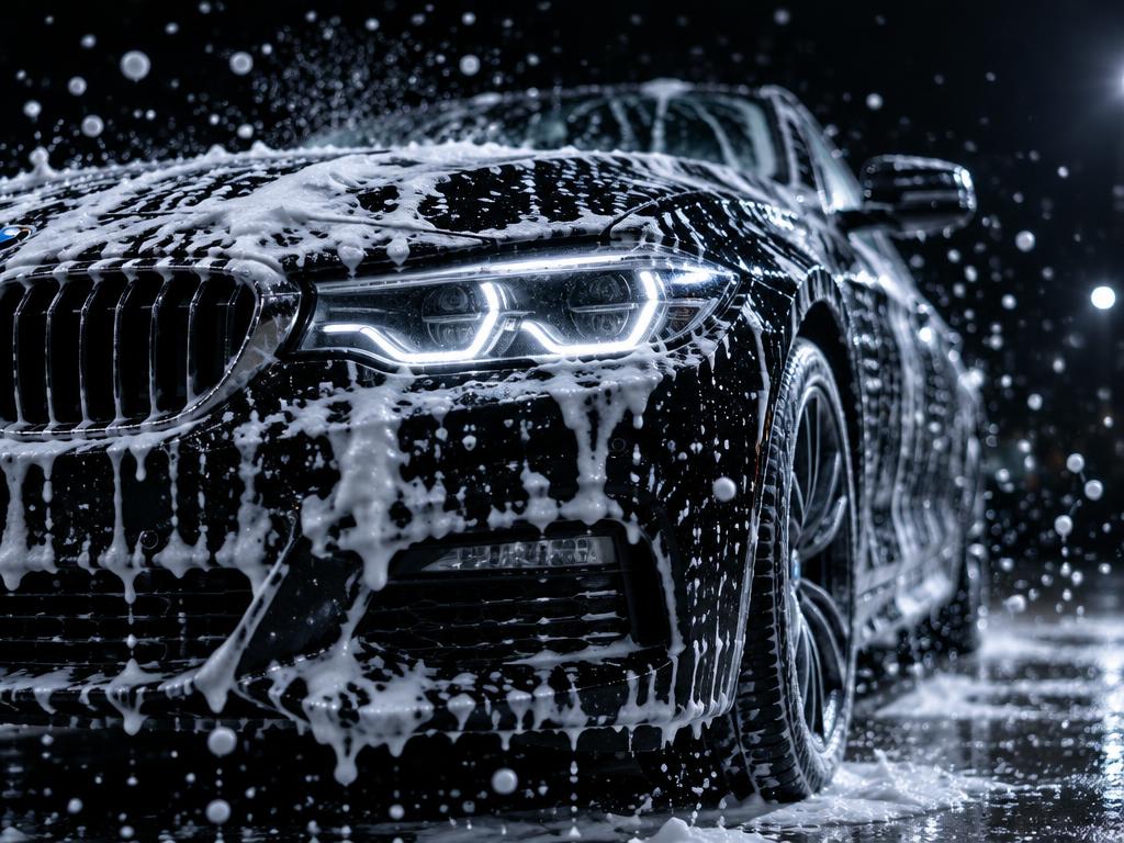 Musta auto täynnä pesuvaahtoa pesun aikana